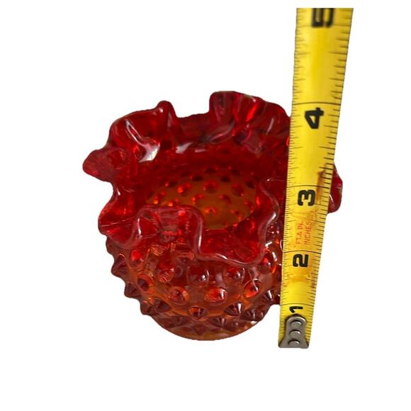 Fenton Glows Amberina Hobnail Small Rose Bowl Ruffle Crimped Orange Glass Vase - Picture 4 of 14